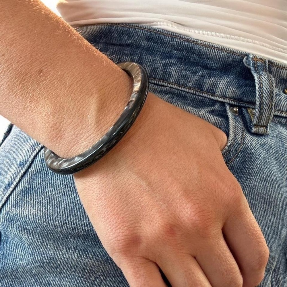 Vintage‎ black & silver slim bangle bracelet metal resin